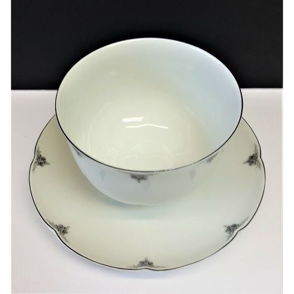 Block China Chambord Limoges Sauce Bowl w/Att. Underplate Gray/Black on White - Picture 2 of 5